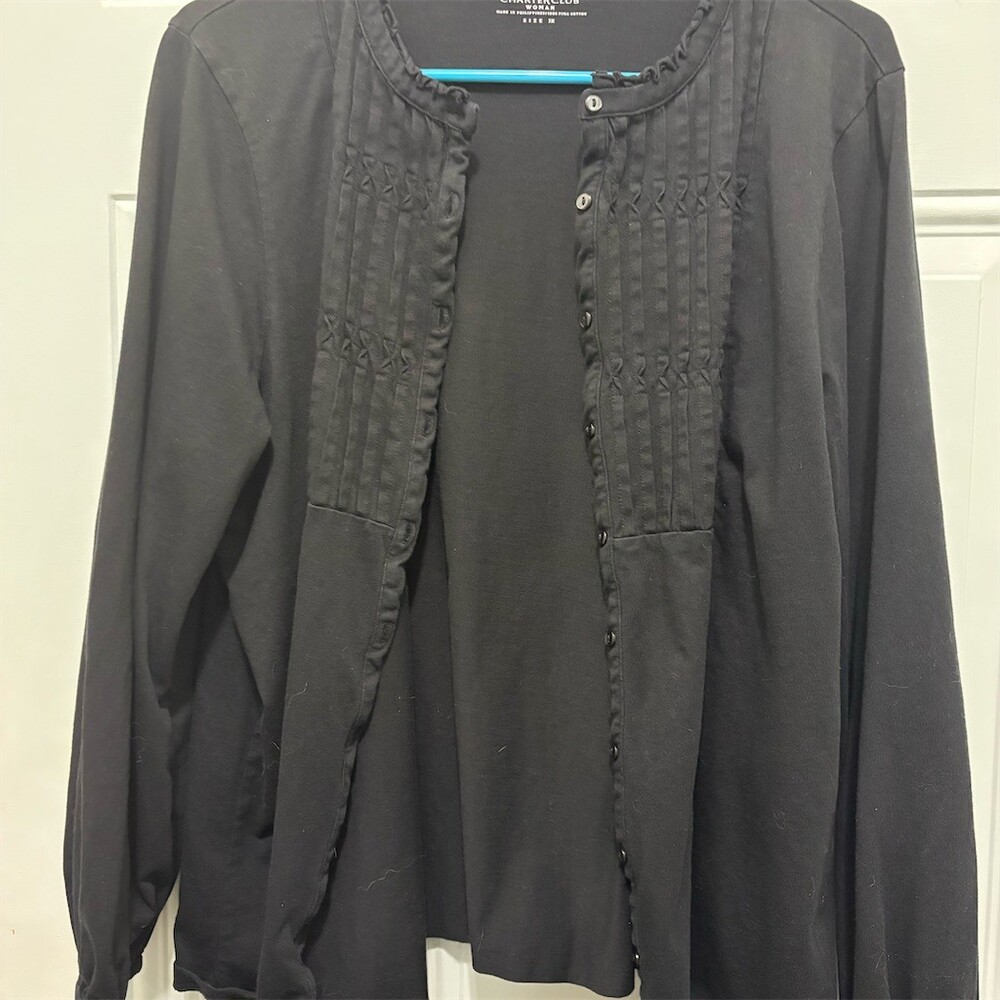 Charter Club Cardigan Sweater Womens 1X Black Button Front Pintuck Knit